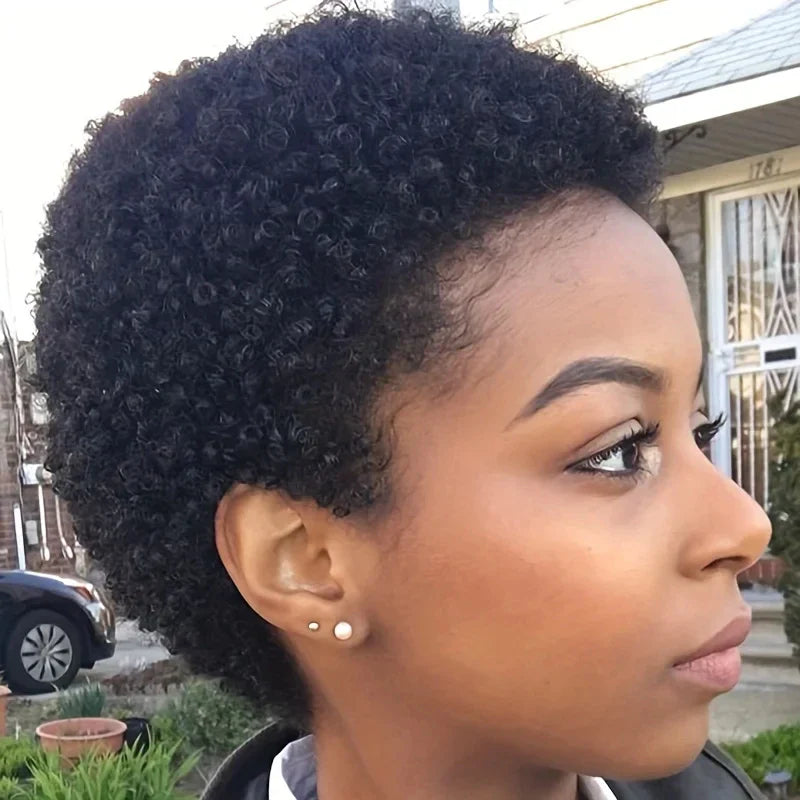 Short afro curly human hair wig in natural black styled as a voluminous pixie cut — view 3