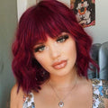 Realistic short curly wine red hair wig with chic bangs for women's effortless daily wear