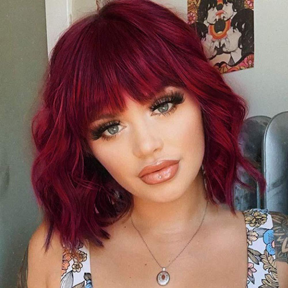 Realistic short curly wine red hair wig with chic bangs for women's effortless daily wear