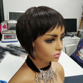Short straight Brazilian human hair wig with customizable bangs in a rich natural color