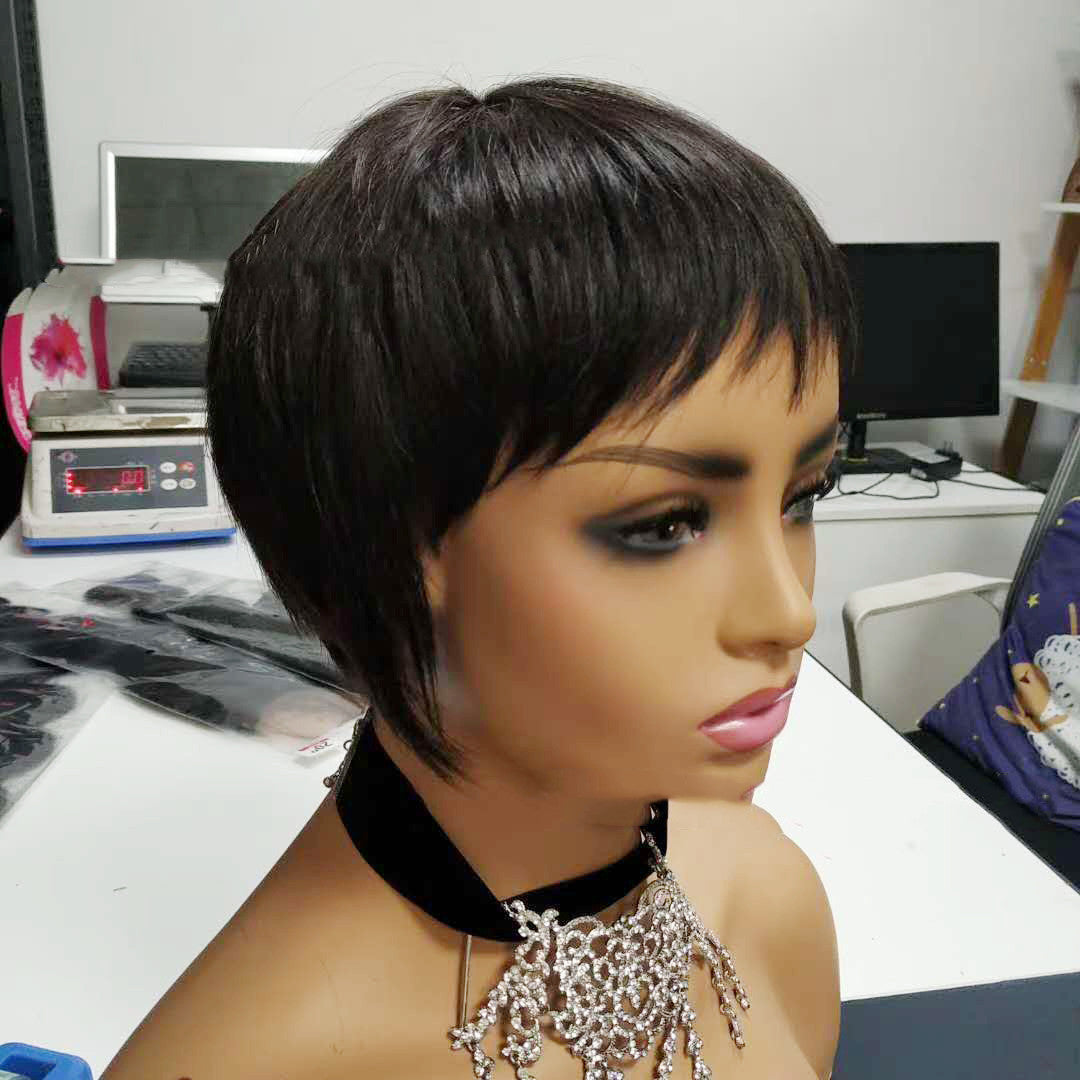 Short straight Brazilian human hair wig with customizable bangs in a rich natural color