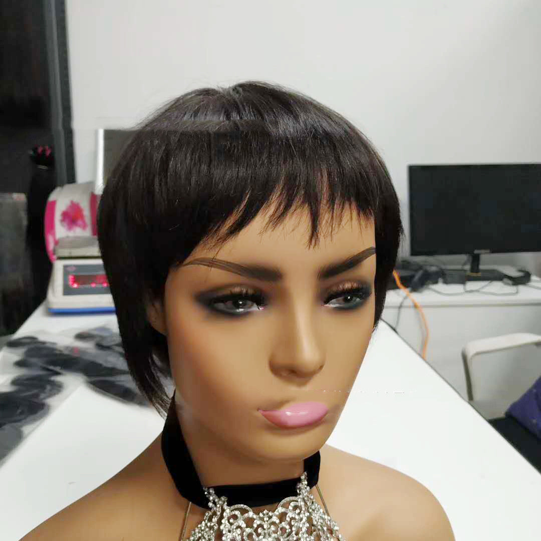 Short straight Brazilian human hair wig with customizable bangs in a rich natural color — view 2
