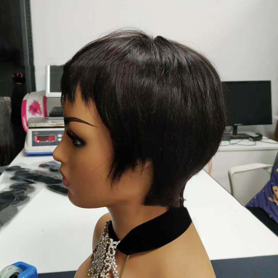 Short straight Brazilian human hair wig with customizable bangs in a rich natural color — view 3