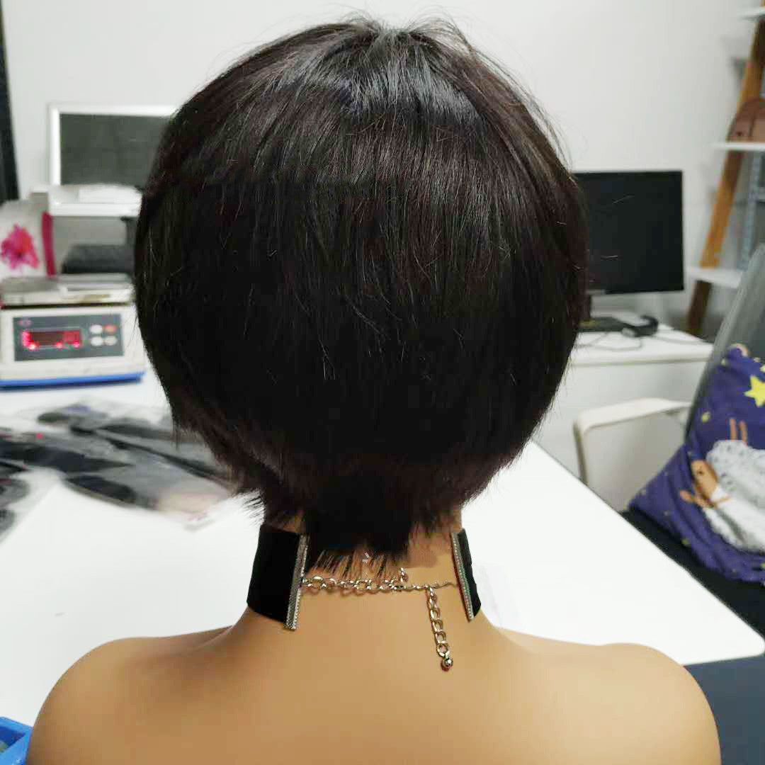 Short straight Brazilian human hair wig with customizable bangs in a rich natural color — view 4