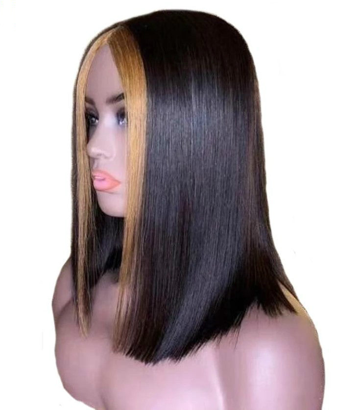 Short straight human hair wig with long bangs and front lace natural styling — view 2