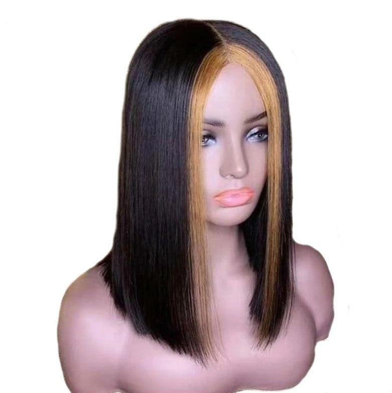 Short straight human hair wig with long bangs and front lace natural styling — view 5