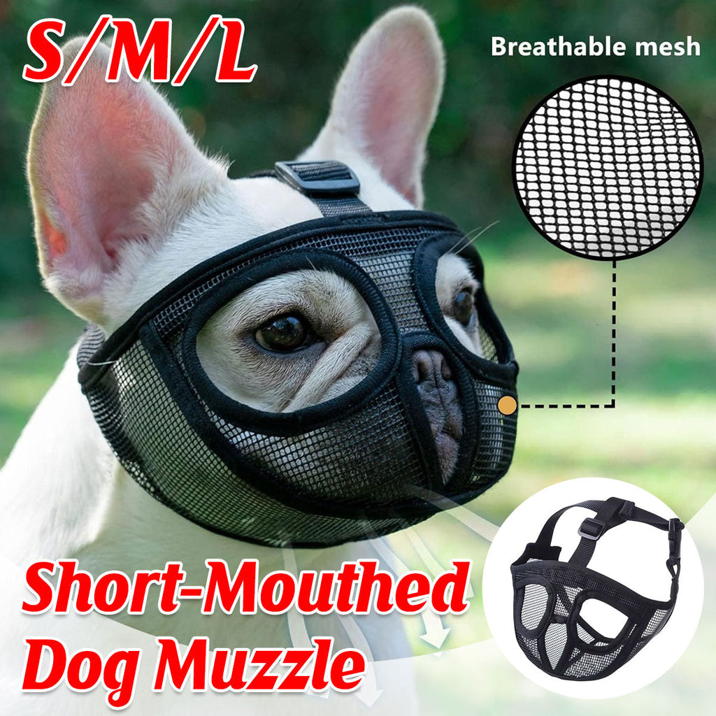 Black breathable short snout dog muzzle with adjustable straps for flat faced breeds like pugs