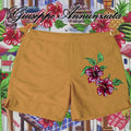 Bahia embroidered swim suit in ocre yellow with drawstring waist and mid-thigh cut