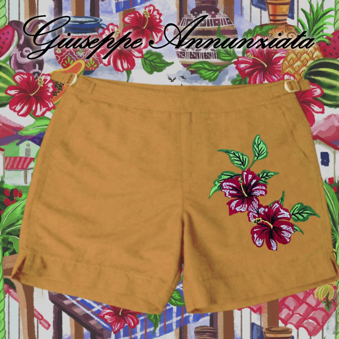 Bahia embroidered swim suit in ocre yellow with drawstring waist and mid-thigh cut