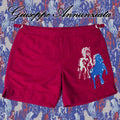 Red men's swim trunks with embroidered horse motifs and elastic drawstring waistband