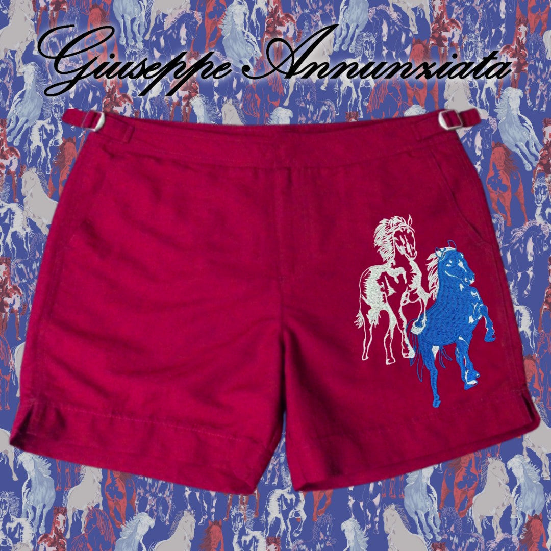 Red men's swim trunks with embroidered horse motifs and elastic drawstring waistband