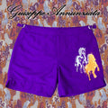 Purple men's swim trunks with hand-embroidered horse motifs, elastic waistband, and adjustable drawstring.