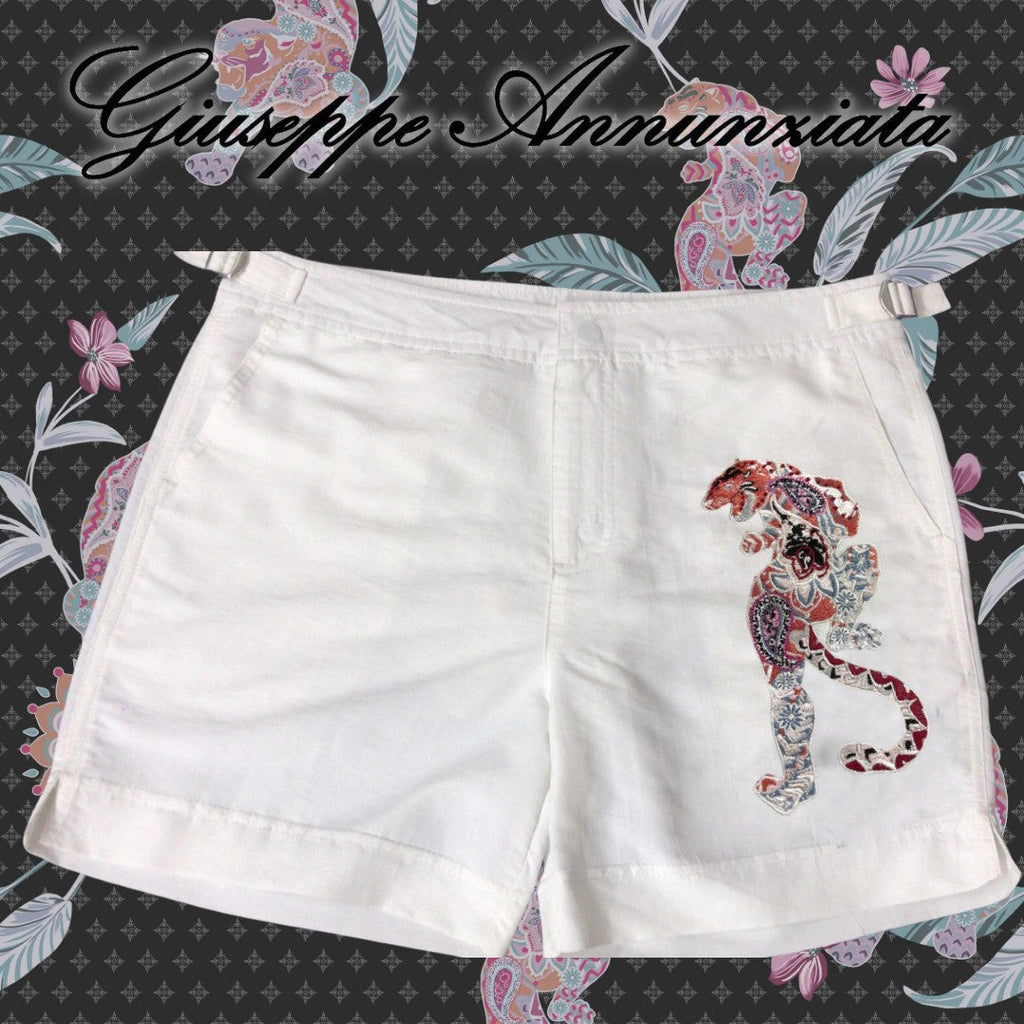 White men's swim shorts featuring hand-embroidered mandala tiger design with elastic drawstring waistband. — view 2