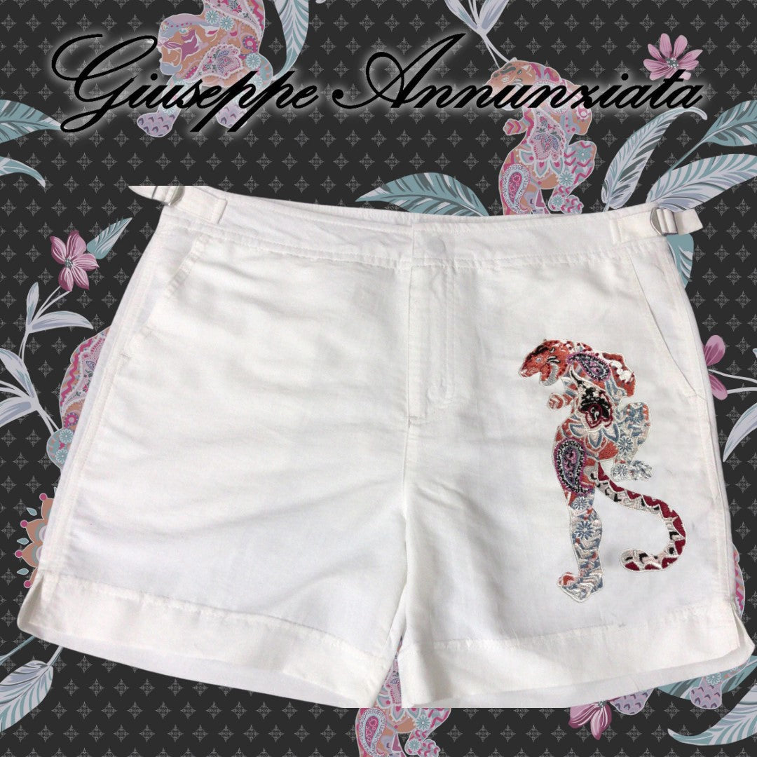 White men's swim shorts featuring hand-embroidered mandala tiger design with elastic drawstring waistband. — view 2