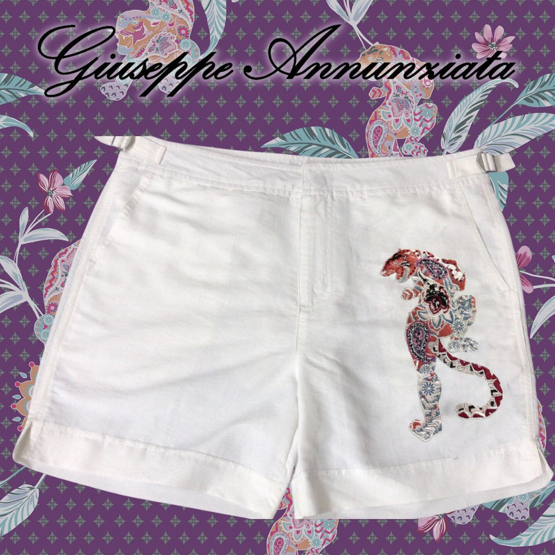 White men's swim shorts featuring hand-embroidered mandala tiger design with elastic drawstring waistband.