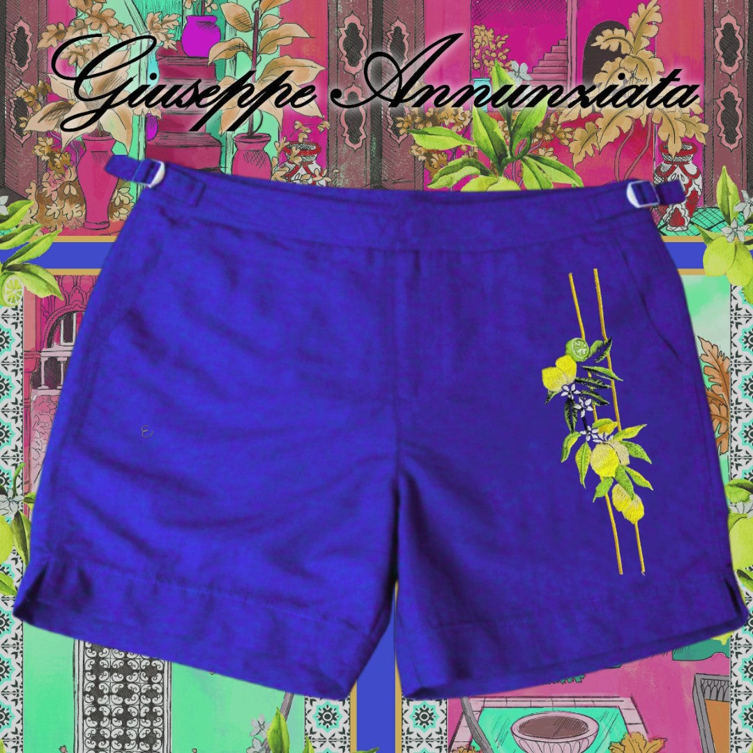 Electric blue Sicily lemon embroidered swim shorts with elastic waistband and drawstring for men