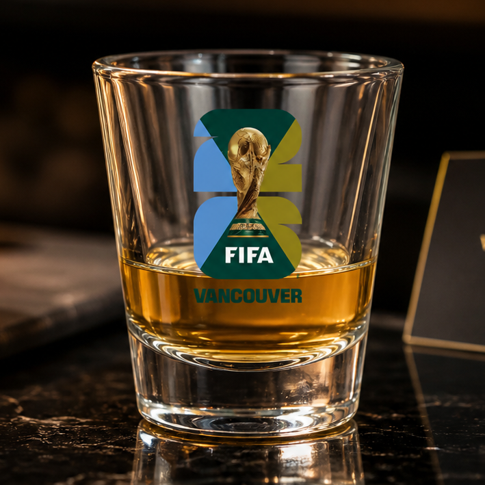 FIFA World Cup 2026 Vancouver shot glass official clear glassware souvenir with printed tournament logo