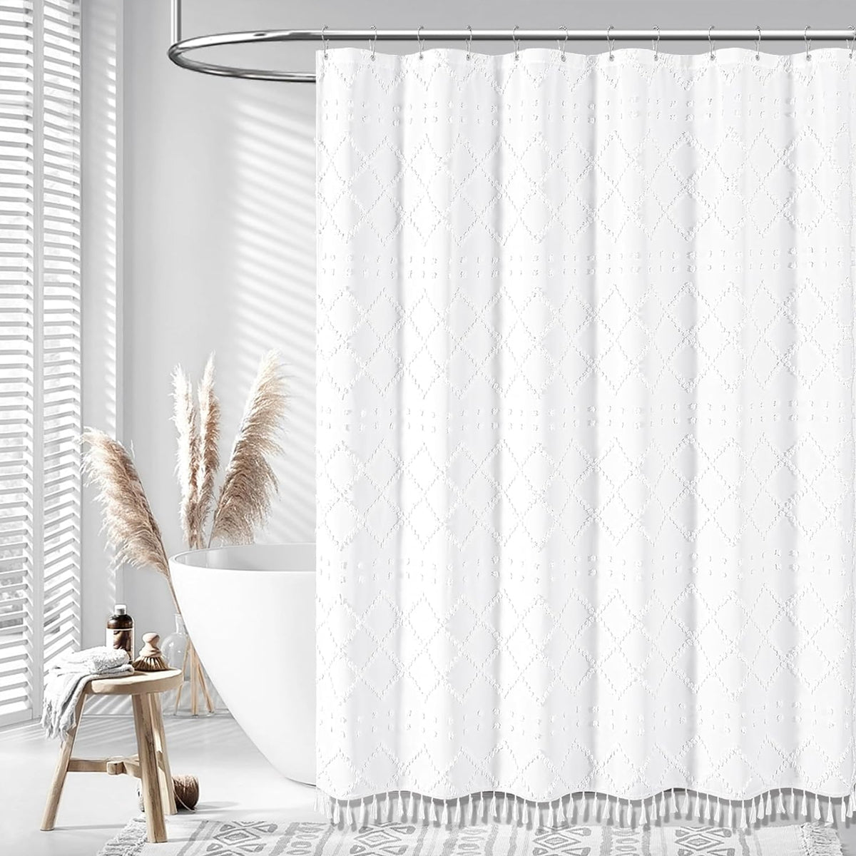 Textured bohemian waterproof shower curtain with elegant tassel fringe and rustproof hanging rings. — view 4