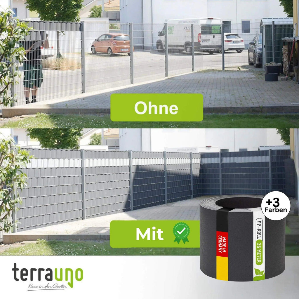 Polypropylene leather-look privacy strips woven into a residential double rod mat garden fence — view 2