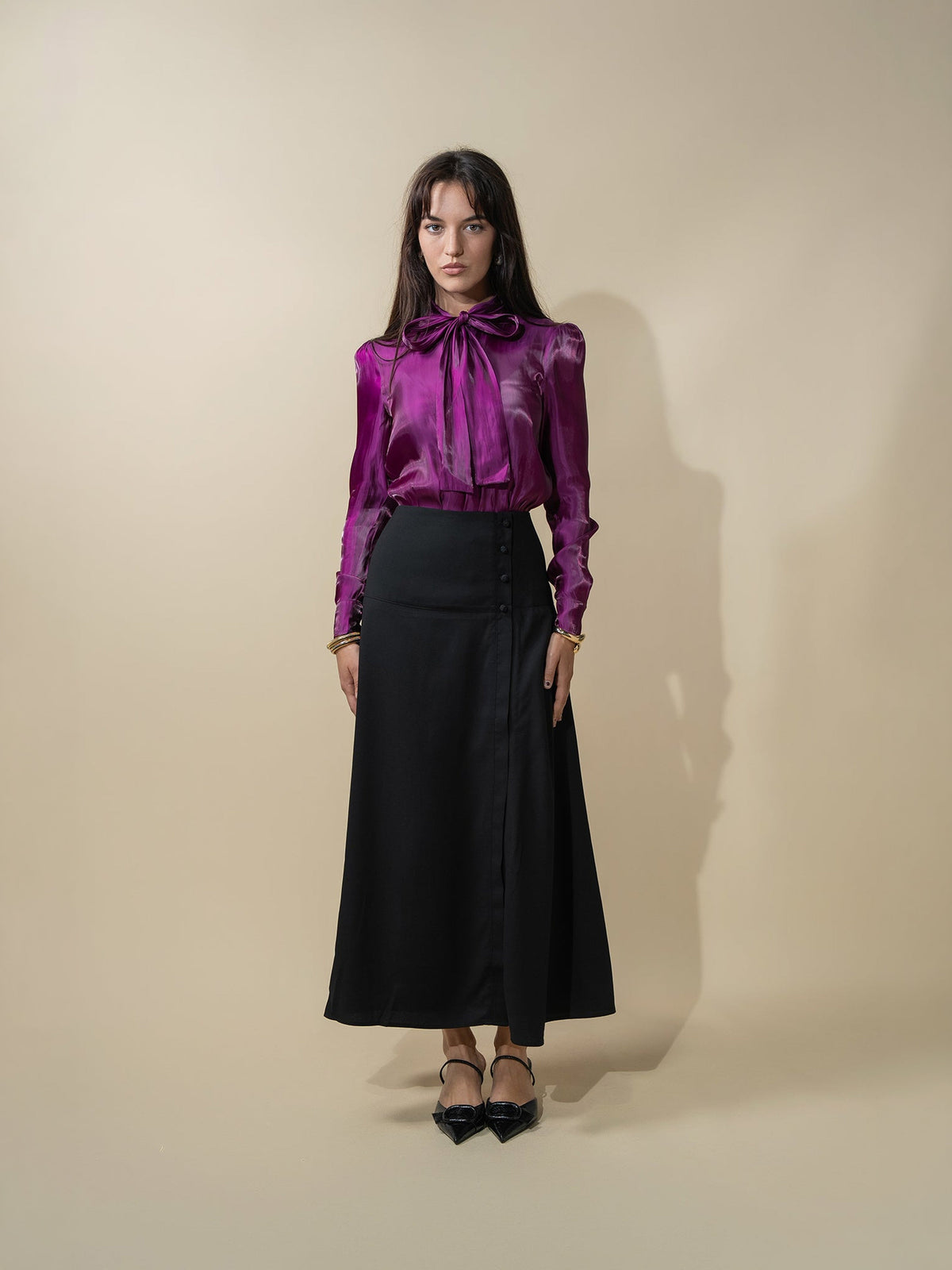 Side Button Yoke Skirt-Black-0