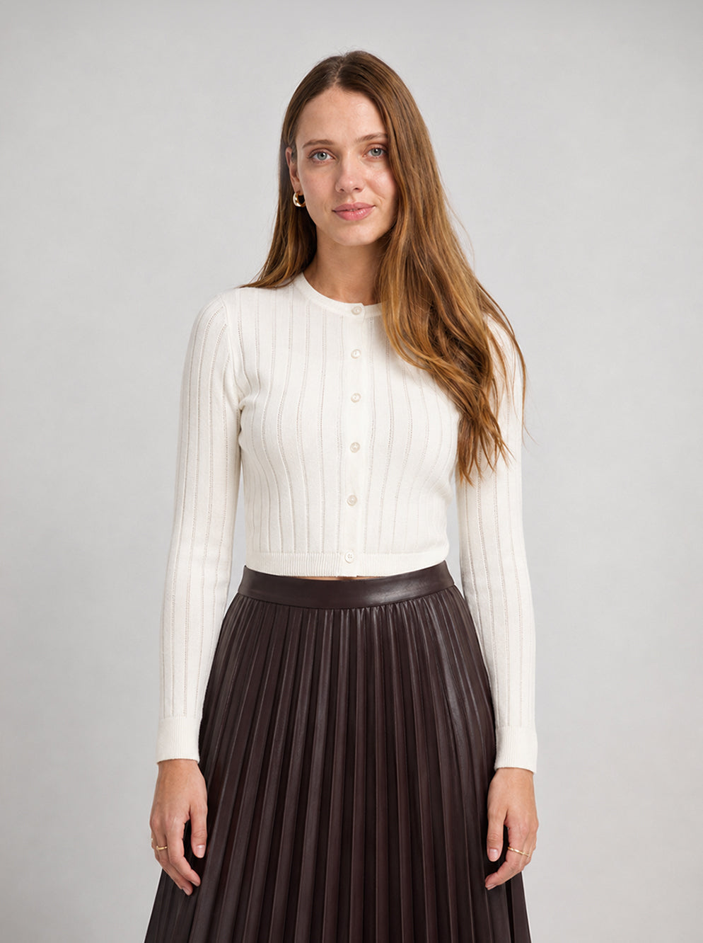 Silk Knit Ribbed Cardigan 17"- Cream-0