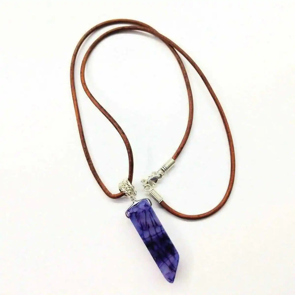 Silver Wrapped Purple Dyed Crackle Agate Point Necklace-0