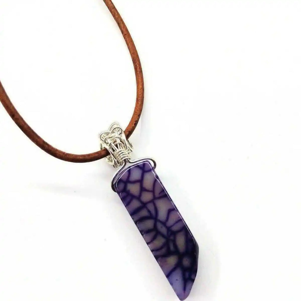 Silver Wrapped Purple Dyed Crackle Agate Point Necklace-1