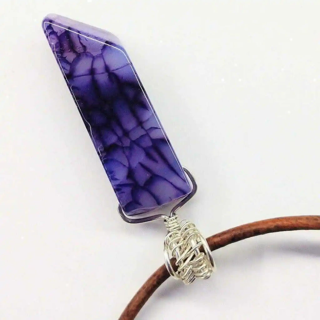 Silver Wrapped Purple Dyed Crackle Agate Point Necklace-3