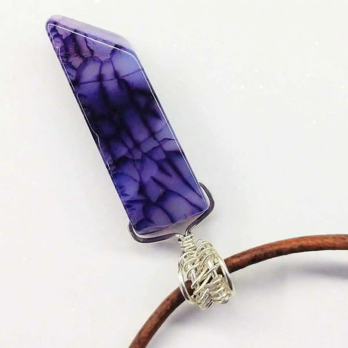 Silver Wrapped Purple Dyed Crackle Agate Point Necklace-3