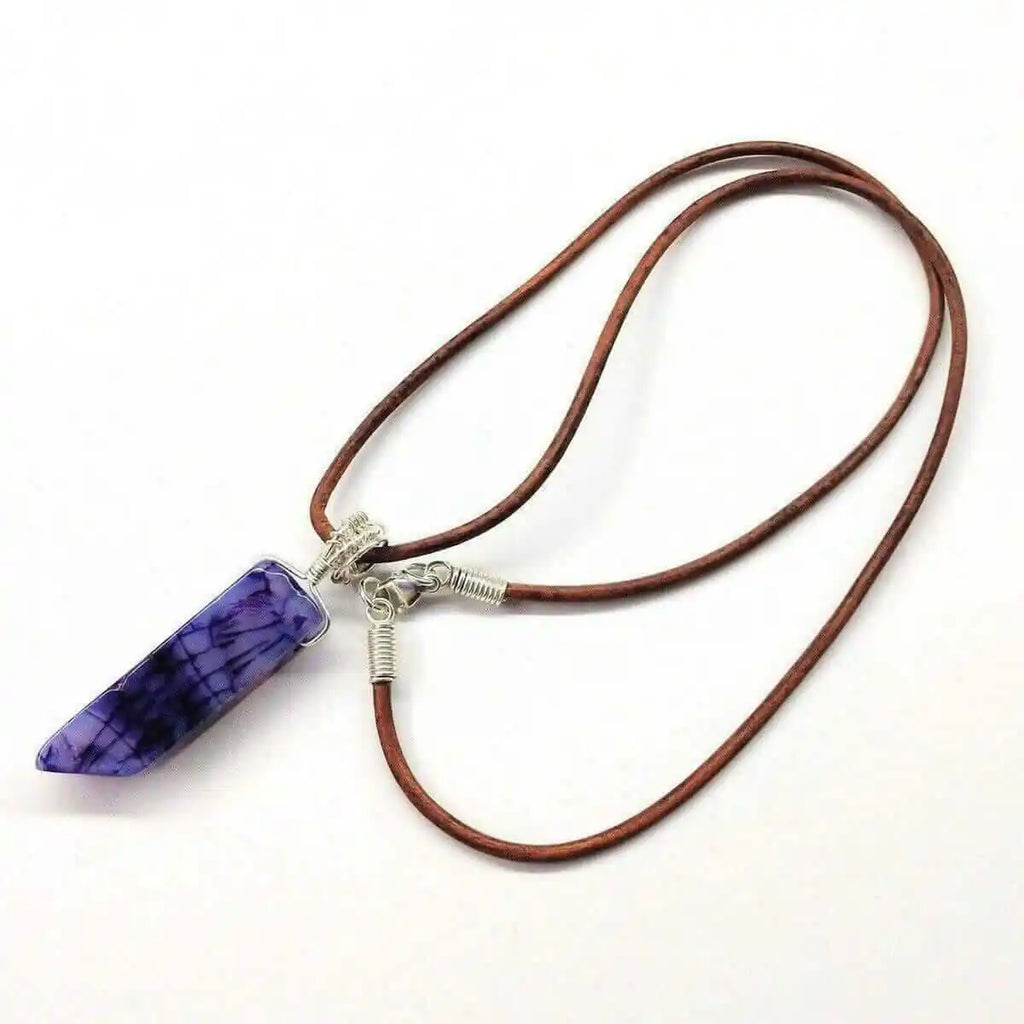 Silver Wrapped Purple Dyed Crackle Agate Point Necklace-4
