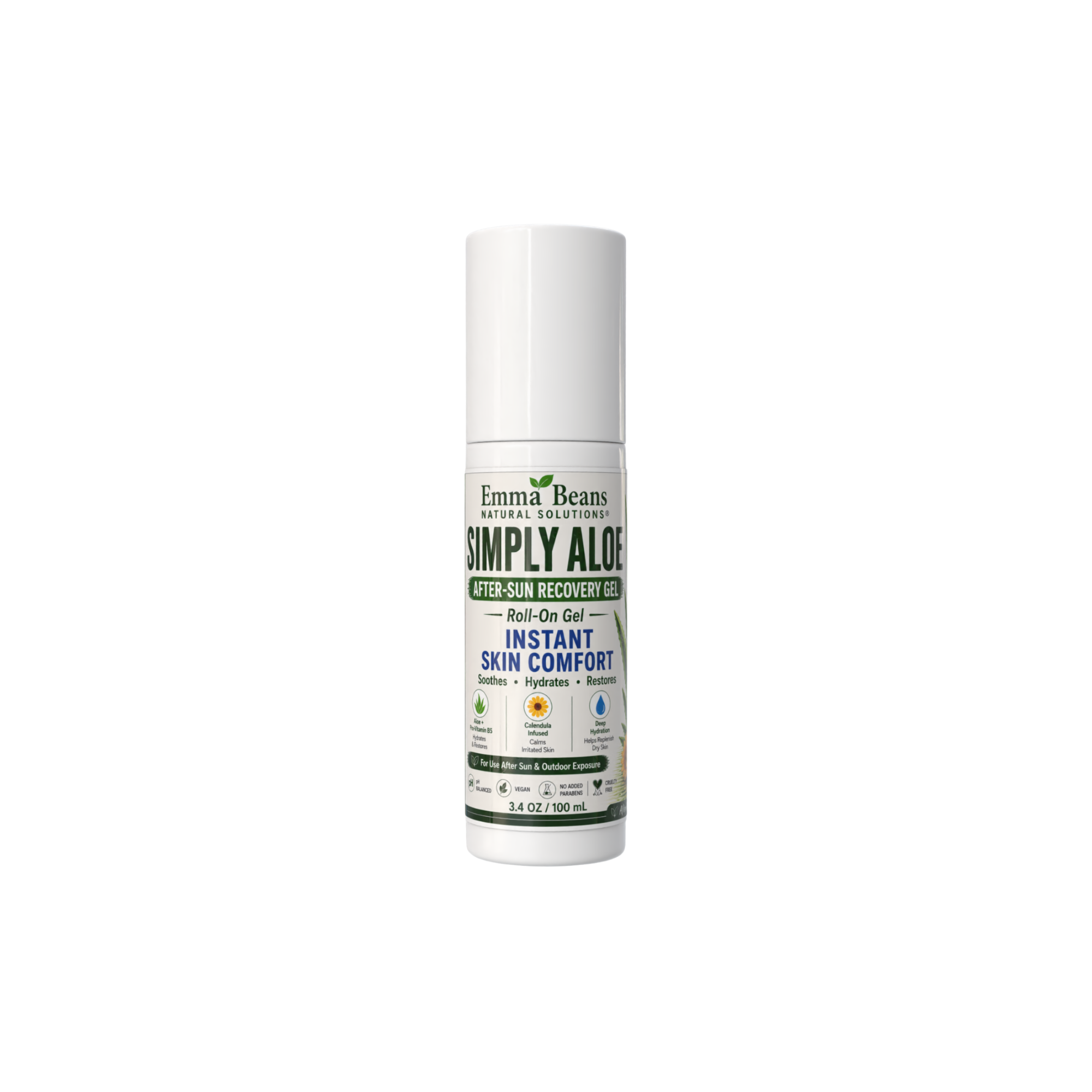 Simply Aloe after-sun recovery gel roll-on tube for soothing and hydrating sun-exposed skin.