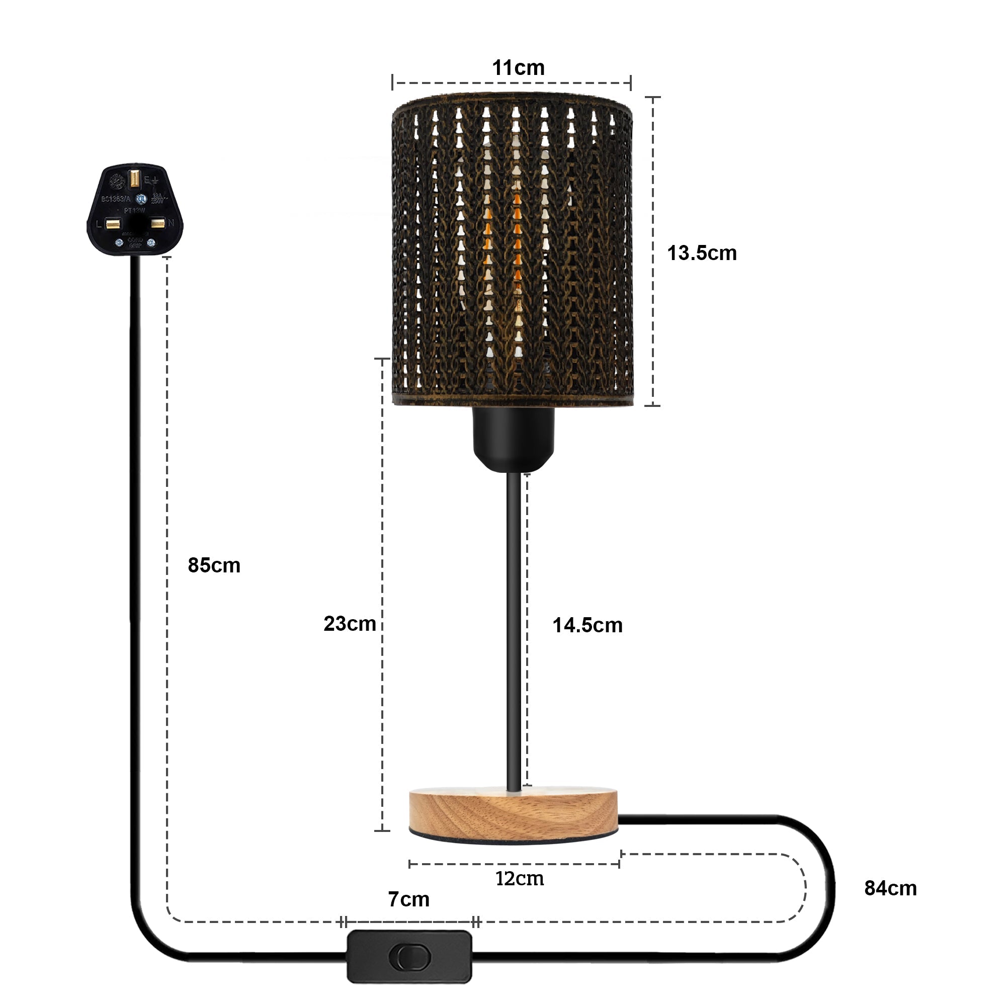 Industrial wire cage table lamp with a natural wood stand and exposed E27 Edison bulb — view 2
