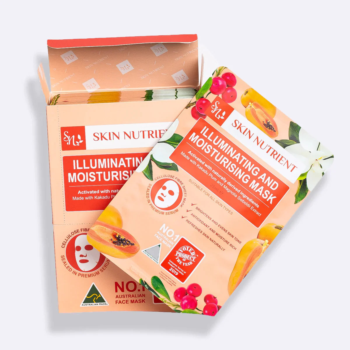 Illuminating and moisturising face mask packaging, box of twelve botanical skincare sheets for glowing skin