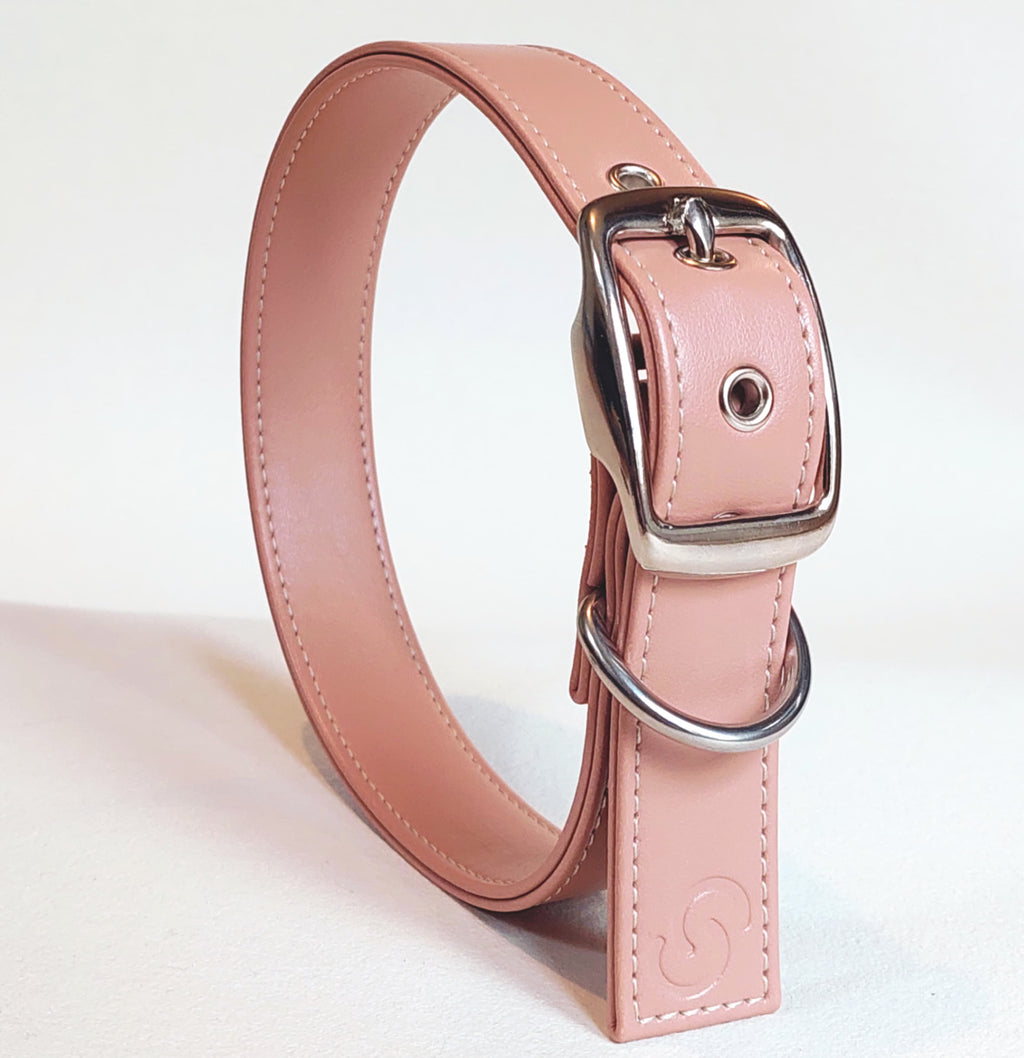 Blush pink vegan apple leather dog collar, lead, and matching poop bag holder set — view 4