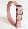 Blush pink vegan apple leather dog collar with metal buckle and adjustable eyelets
