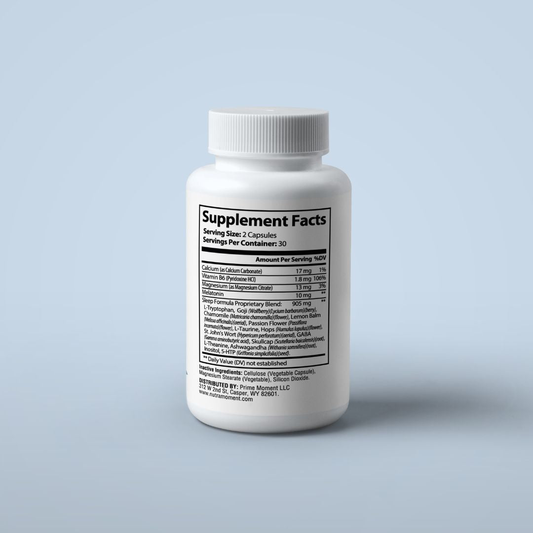 Nutra Moment Sleep Support supplement bottle with vegan veggie capsules for natural sleep aid — view 2