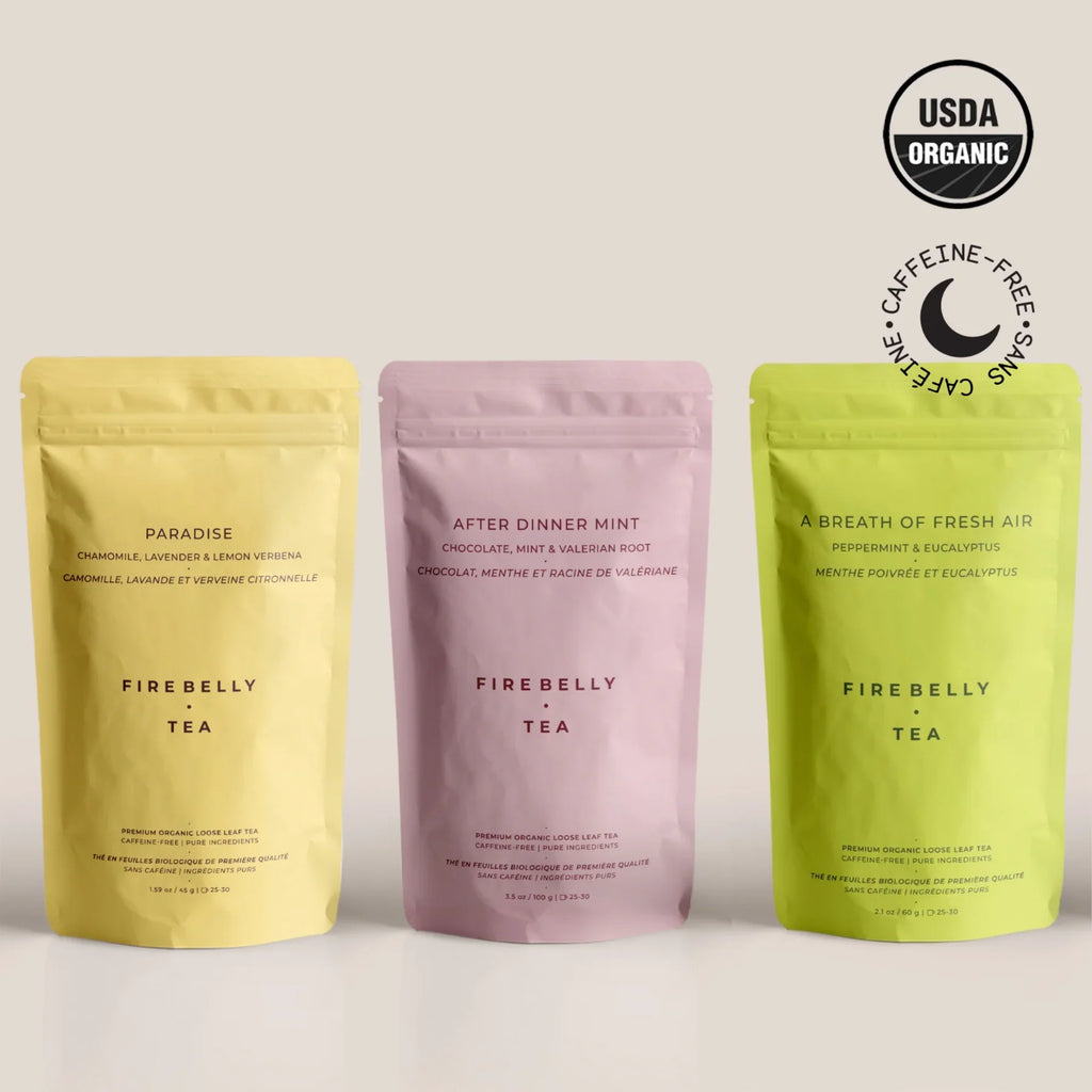 Sleep support tea bundle featuring three boxes of organic calming herbal tea blends.