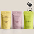 Sleep support tea bundle featuring three boxes of organic calming herbal tea blends.