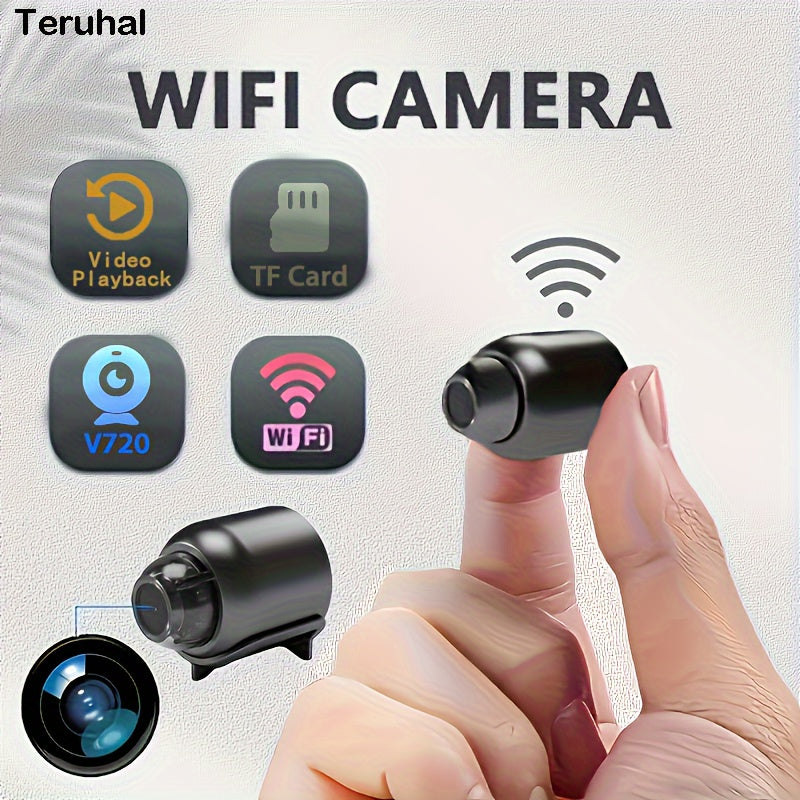 Small wireless security camera in black, compact smart home monitoring device with camera lens