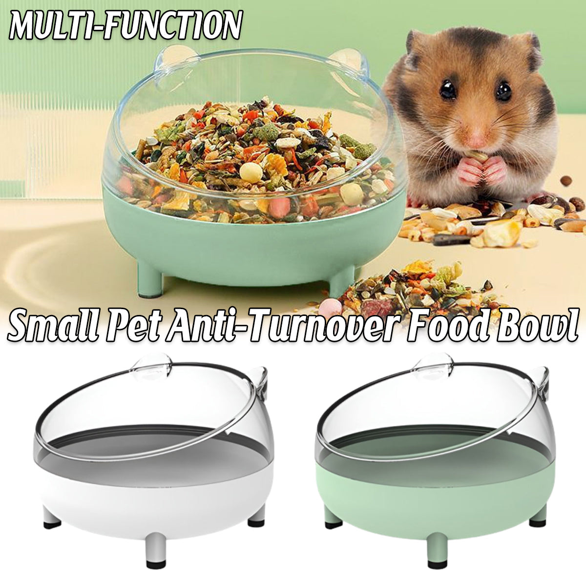 Small animal anti-tip hamster food bowl with curved rim and non-slip base in green or white