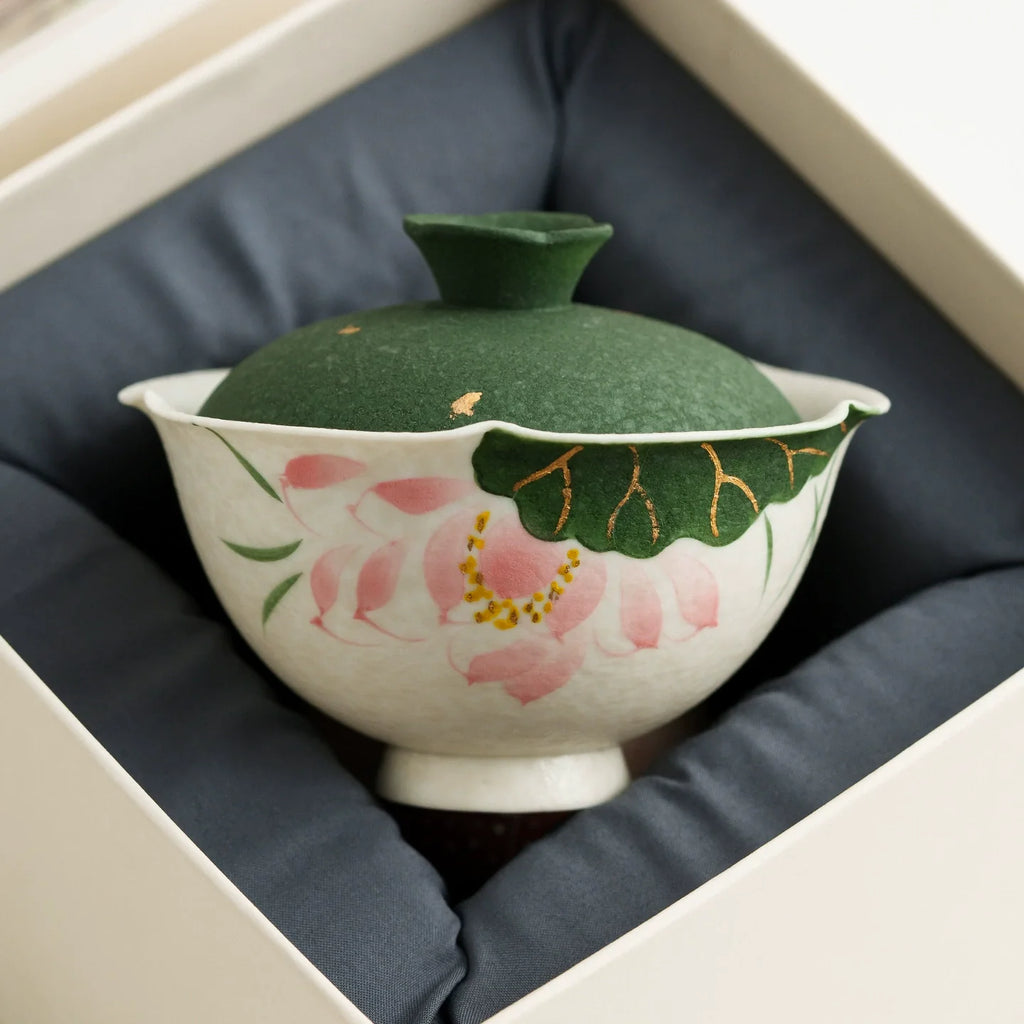 Handmade ceramic gaiwan with green lid and hand-painted pink lotus flower motif — view 4