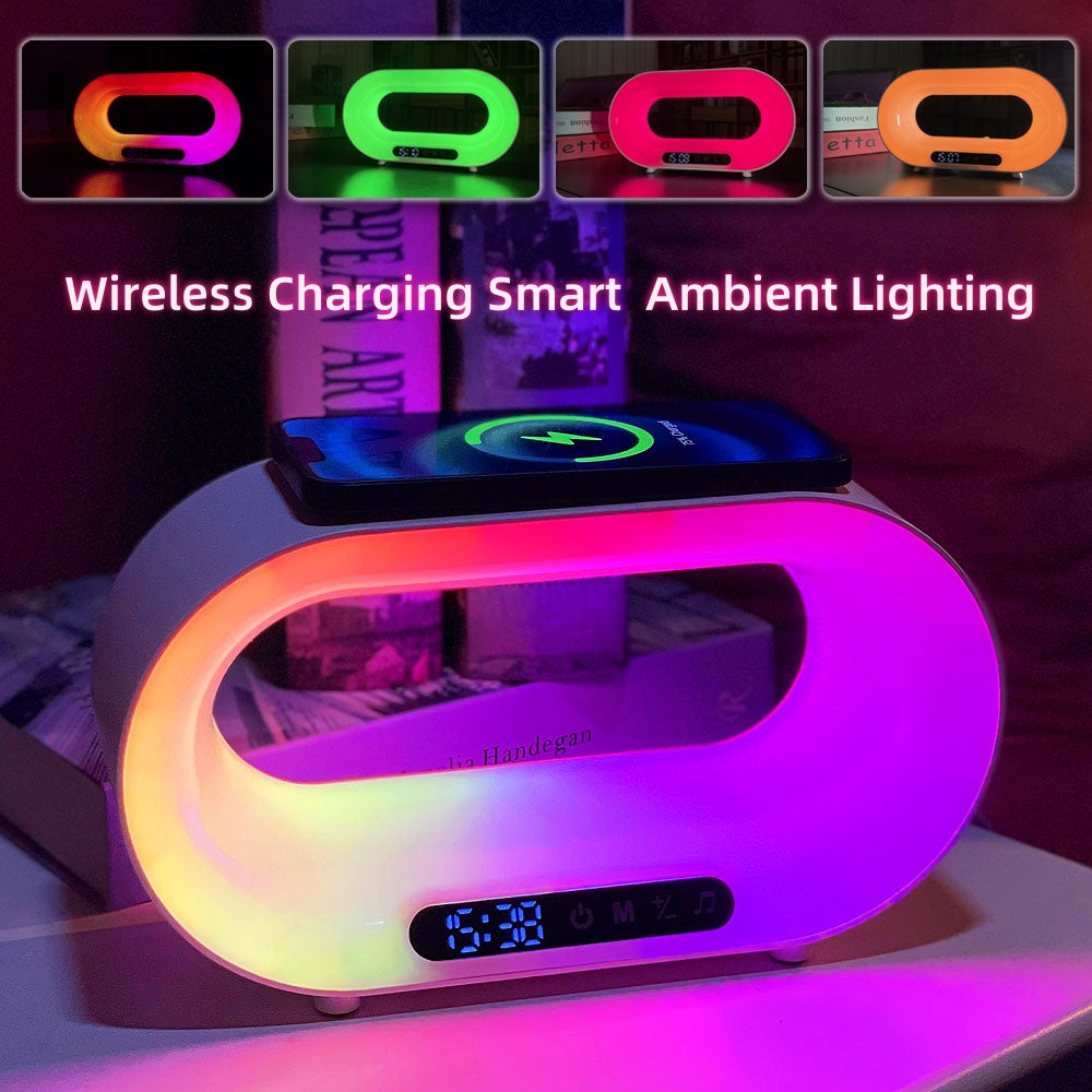 White 3-in-1 smart LED night light with wireless charging pad and digital alarm clock display