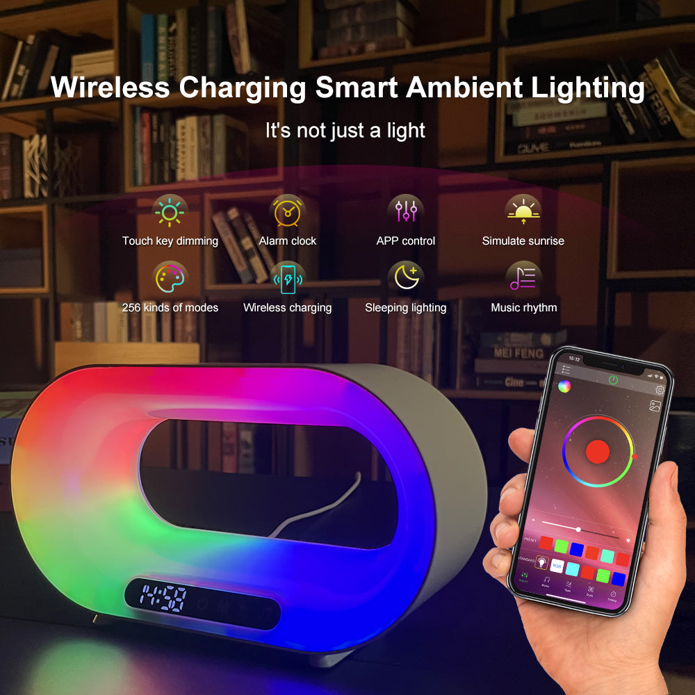 White 3-in-1 smart LED night light with wireless charging pad and digital alarm clock display — view 2