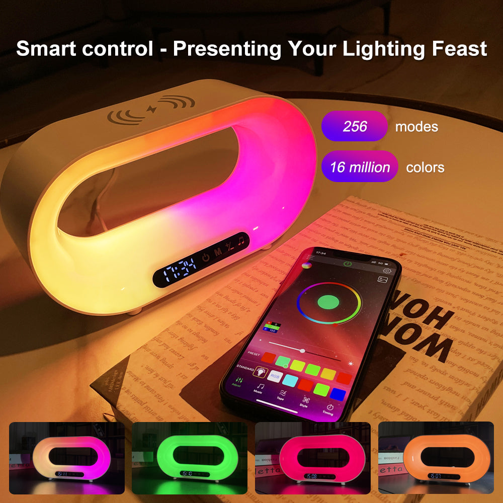 White 3-in-1 smart LED night light with wireless charging pad and digital alarm clock display — view 3