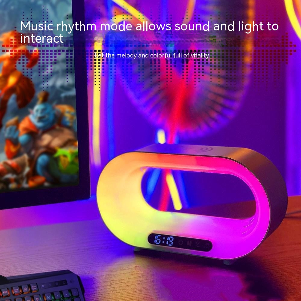 White 3-in-1 smart LED night light with wireless charging pad and digital alarm clock display — view 4