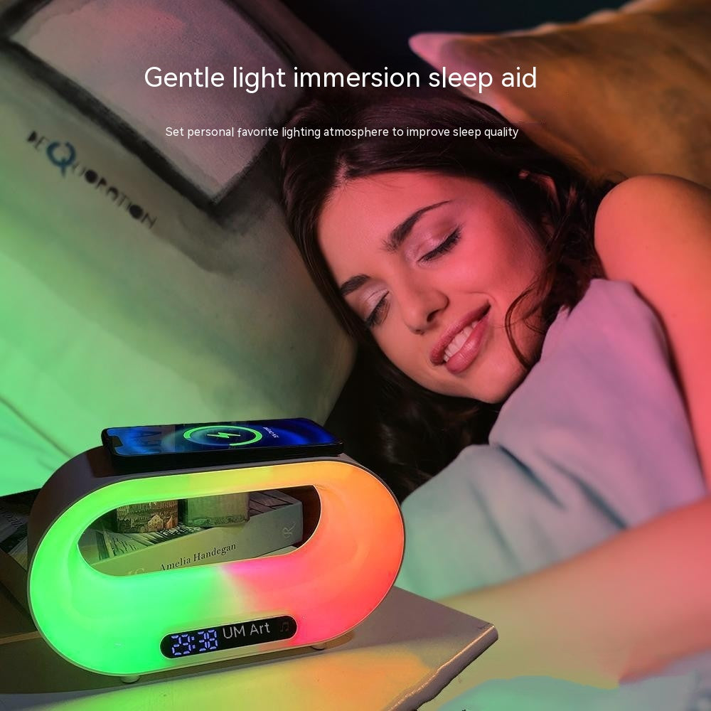White 3-in-1 smart LED night light with wireless charging pad and digital alarm clock display — view 5