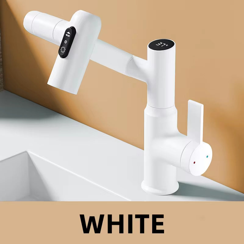 Smart LED rotating basin faucet in stainless steel with multi-function stream sprayer and digital display
