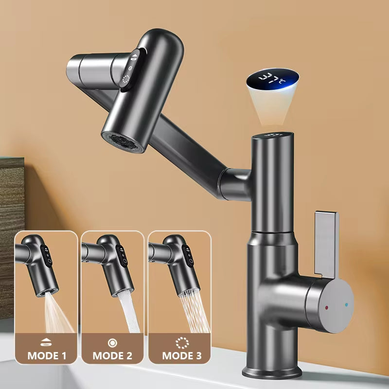 Smart LED rotating basin faucet in stainless steel with multi-function stream sprayer and digital display — view 2