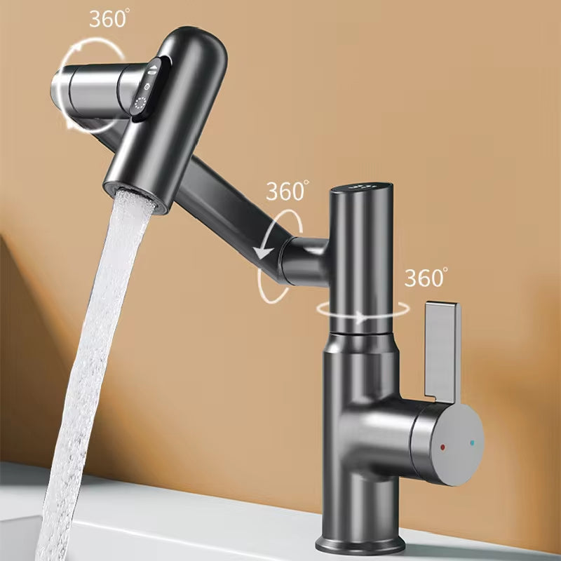 Smart LED rotating basin faucet in stainless steel with multi-function stream sprayer and digital display — view 3