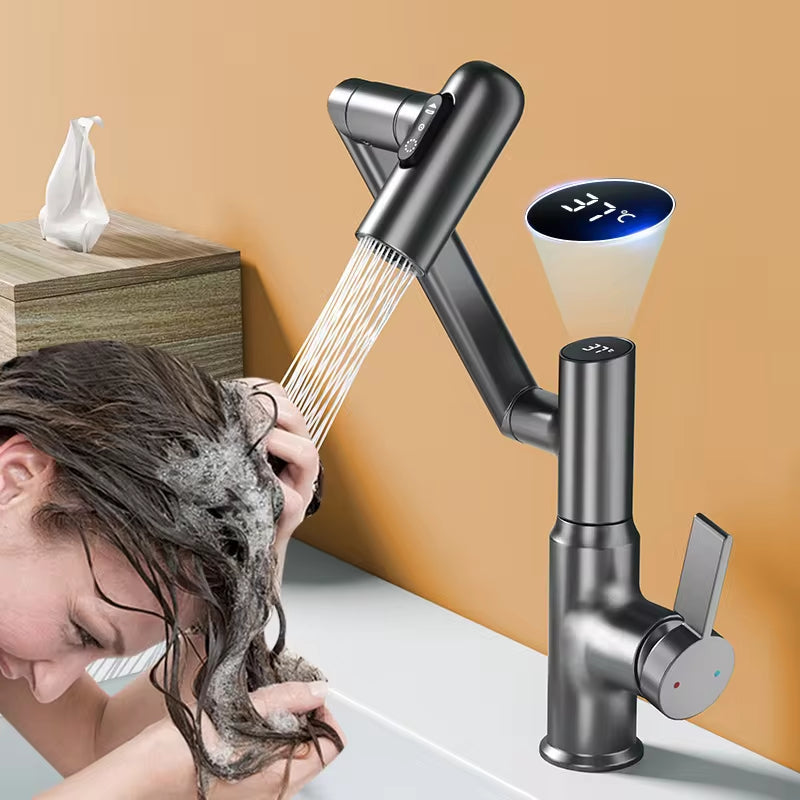 Smart LED rotating basin faucet in stainless steel with multi-function stream sprayer and digital display — view 4